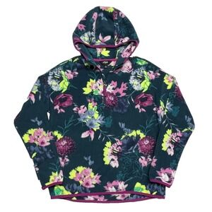 Fila Sport Fleece Floral Pullover Small Women's Hooded Deep Teal Blue Green